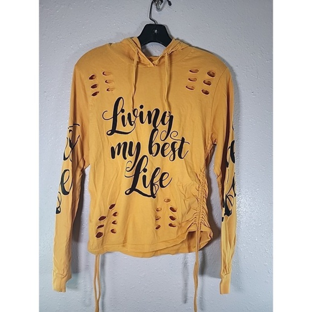 On Fire Women's Long Sleeve Hooded T-Shirt Yellow Best Life Distressed Size Lg